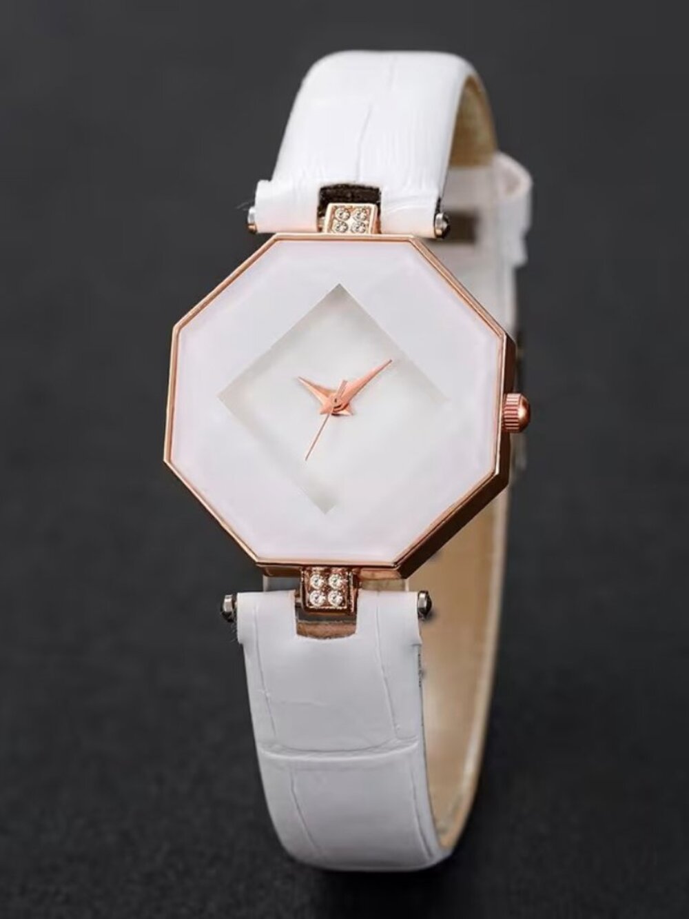 White Womens Watch Geometric Octagon Faceted Dial Analog Fashion Gift Wristwatch